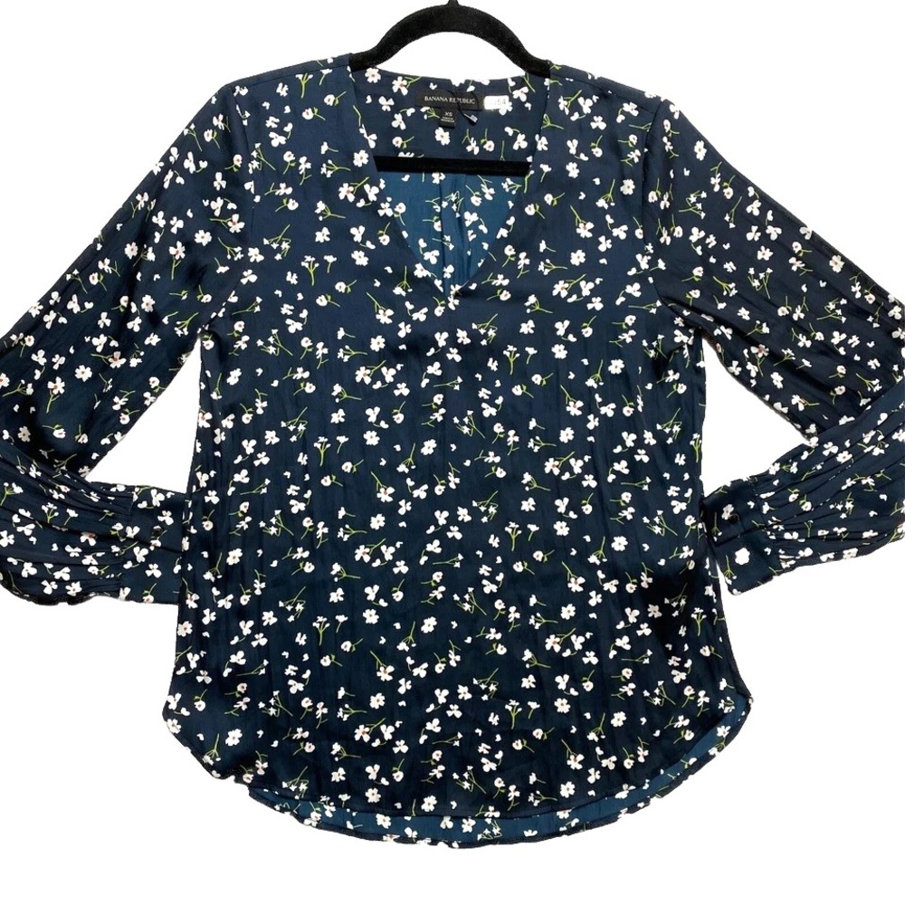 Banana Republic Blouse Womens Extra Small Black Long Sleeve Floral Top